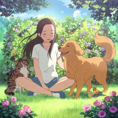 The primary subject of the image is a woman sitting on the grass with two dogs. One dog is a large brown dog, and the other is a small brown dog. The woman is smiling and petting the large dog. The setting is a grassy area with flowers, creating a pleasant and relaxing atmosphere. The visual style is an illustration, giving the image a more artistic and whimsical appearance. The colors are predominantly shades of green, brown, and pink, reflecting the natural environment and the woman
